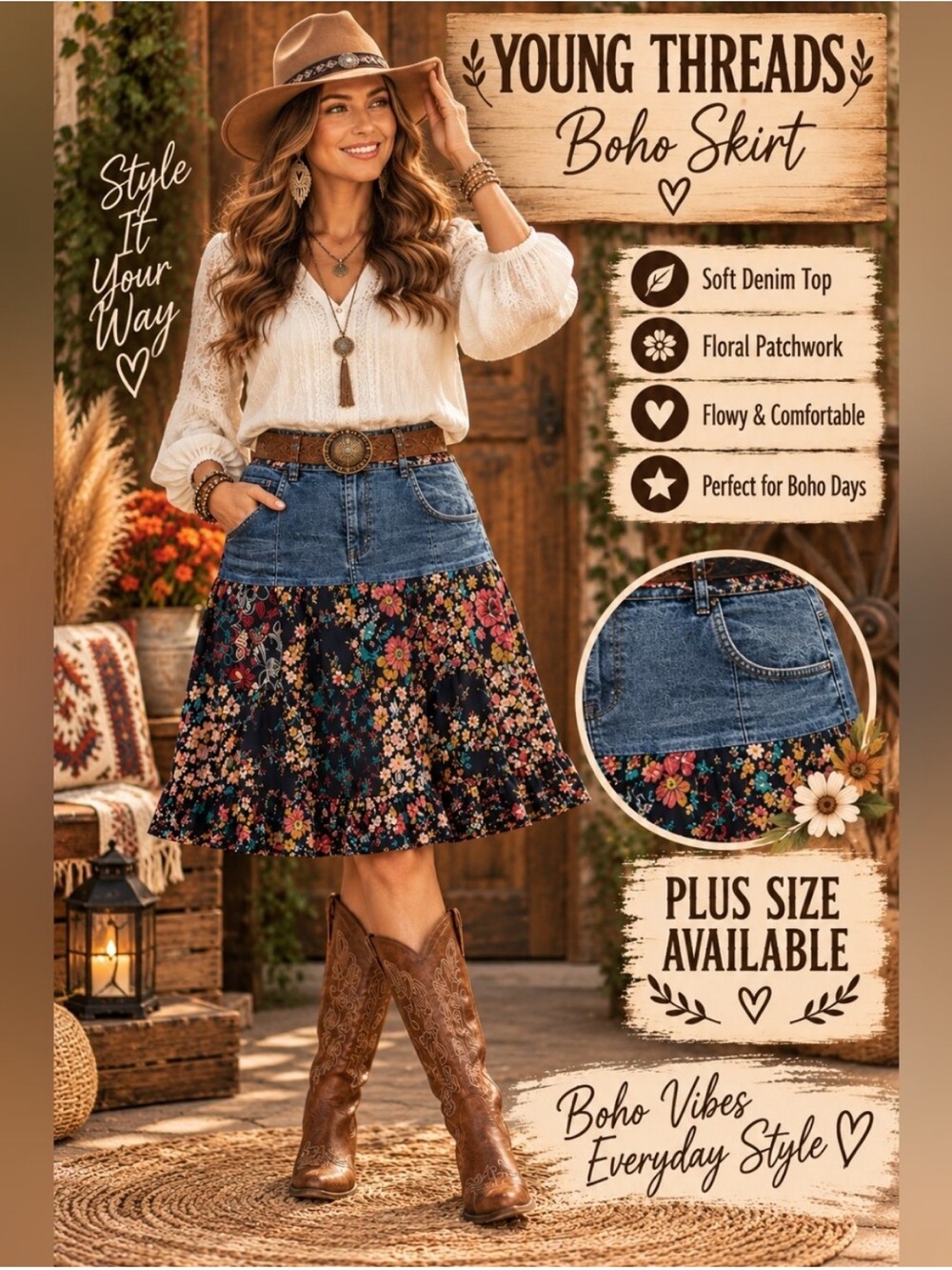 NWT Young Threads Floral Tiered Maxi Skirt with Denim-Style Waistband